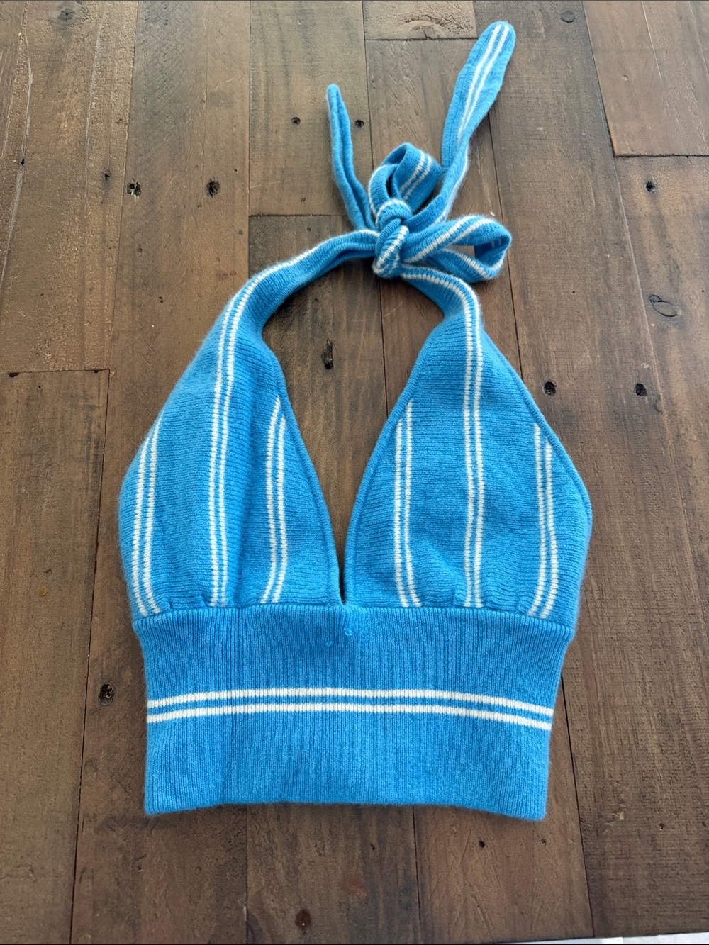 ALO Yoga Blue and White Striped Halter Crop Top